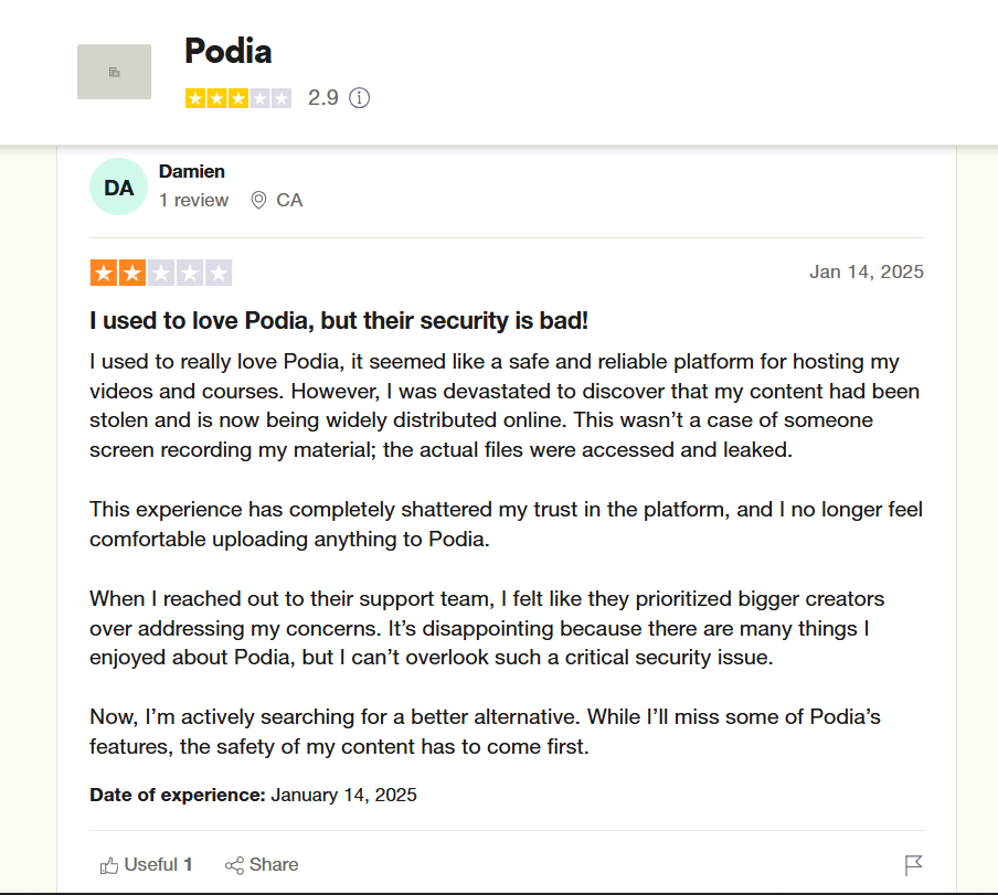 Podia 2 stars review mentioning that their security is bad